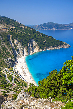 View of Myrtos Beach, coastline, sea and hills near Agkonas, Kefalonia, Ionian Islands, Greek Islands, Greece, Europe