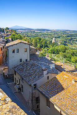 View of Tuscan landscape and rooftops from Montepulciano, Montepulciano, Province of Siena, Tuscany, Italy, Europe