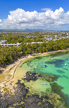 Aerial view of coastline, beach and turquoise water at Cap Malheureux, Mauritius, Indian Ocean, Africa