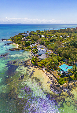 Aerial view of coastline, beach and turquoise water at Cap Malheureux, Mauritius, Indian Ocean, Africa