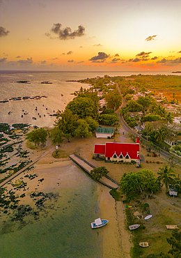 Aerial view of Notre-Dame Auxiliatrice de Cap Malheureux at sunrise, Cap Malheureux, Mauritius, Indian Ocean, Africa