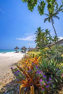 View of Beach at Trou-aux-Biches and turquoise Indian Ocean on sunny day, Trou-aux-Biches, Mauritius, Indian Ocean, Africa