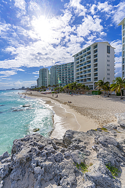 View of hotels and beach, Hotel Zone, Cancun, Caribbean Coast, Yucatan Peninsula, Riviera Maya, Mexico, North America