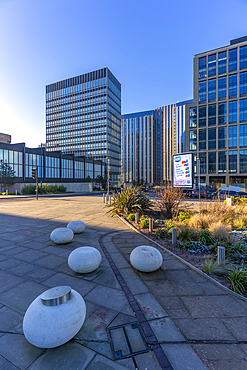 View of contemporary architecture in Angel Square, Manchester, Lancashire, England, United Kingdom, Europe