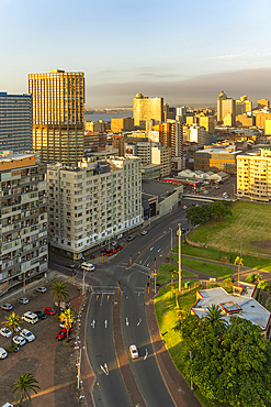 Elevated view of Durban city skyline at sunrise, Durban, KwaZulu-Natal Province, South Africa, Africa