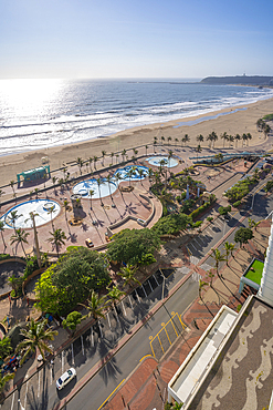 Elevated view of beaches, promenade and Indian Ocean, Durban, KwaZulu-Natal Province, South Africa, Africa