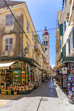 View of shops and Holy Church of Saint Spyridon, Corfu Old Town, UNESCO World Heritage Site, Corfu, The Ionian Islands, Greek Islands, Greece, Europe