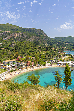 View of Agios Spiridon Beach from Monastery of Paleokastritsa in Palaiokastritsa, Corfu, Ionian Sea, Greek Islands, Greece, Europe