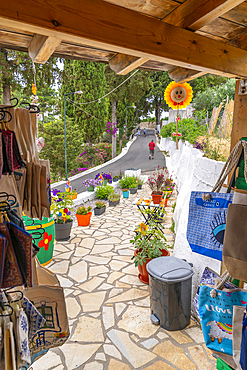 View of souvenir shop at the Monastery of Paleokastritsa in Palaiokastritsa, Corfu, Ionian Sea, Greek Islands, Greece, Europe