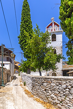 View of clock tower of Greek Orthodox Church, Theologos, Thassos, Aegean Sea, Greek Islands, Greece, Europe