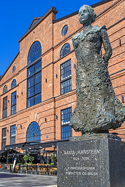 View of Aasta Hansteen statue and waterfront architecture in background, Aker Brygge, Oslo, Norway, Scandinavia, Europe