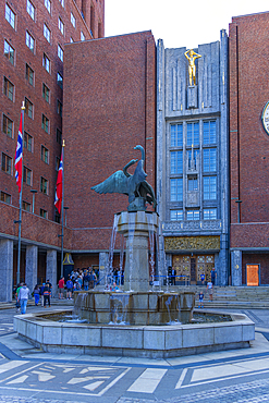 View of Oslo City Hall and fountain on a sunny day, Oslo, Norway, Scandinavia, Europe