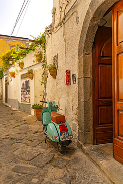 View of scooter in colourful backstreet in Forio, Forio, Island of Ischia, Campania, Italy, Europe