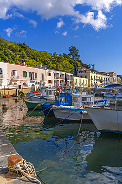 View of boats and restaurants in Porto d'Ischia (Port of Ischia), Island of Ischia, Campania, Italy, Europe