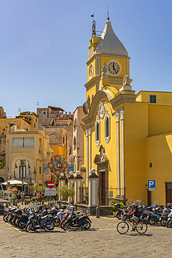 View of clock tower of Church of Santa Maria della Pieta in the fishing port Marina Grande, Procida, Phlegraean Islands, Gulf of Naples, Campania, Southern Italy, Italy, Europe