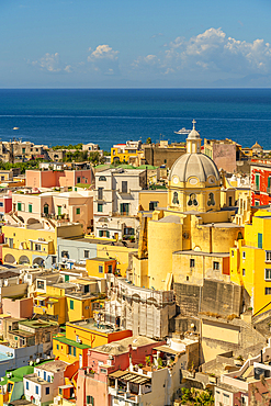 View of Marina di Corricella and Church of Santa Maria delle Grazie, from elevated position, Procida, Phlegraean Islands, Gulf of Naples, Campania, Southern Italy, Italy, Europe