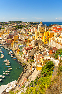 View of Marina di Corricella from Eglise Santa Maria delle Grazie, Procida, Phlegraean Islands, Gulf of Naples, Campania, Southern Italy, Italy, Europe