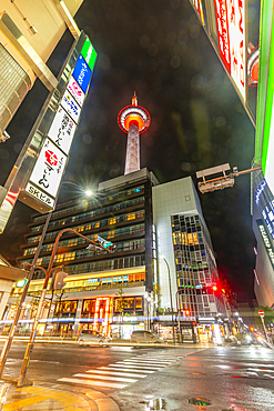 View of Nidec Kyoto Tower at night, Shimogyo Ward, Higashishiokojicho, Kyoto, Honshu, Japan