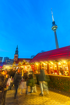 View of Berlin TV Tower and Christmas market in Wasserkaskaden at dusk, Mitte, Berlin, Germany, Europe