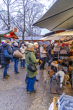 View of Christmas market during winter at dusk, Stortingsparken, Oslo, Norway, Scandinavia, Europe