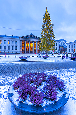 View of Domus Media in University Square during winter, Oslo, Norway, Scandinavia, Europe