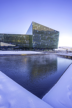 View of Harpa Concert Hall and Conference Centre in the city centre during winter, Reykjavik, Iceland, Europe