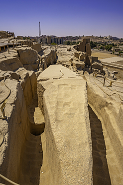 View of Unfinished Obelisk in Aswan quarry on a sunny day, Aswan, Nubia, Egypt, North Africa, Africa