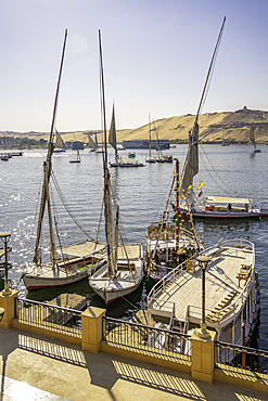 View of fellucas on the Nile river on a sunny day, Aswan, Nubia, Egypt, North Africa, Africa