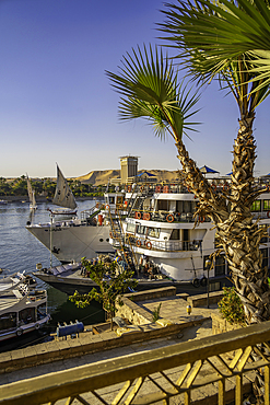 View of cruiseboats on the Nile river from the promenade on a sunny day, Aswan, Nubia, Egypt, North Africa, Africa