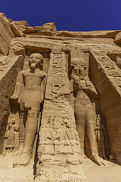 Exterior view of massive sculptures at the Temple of Hathor, Abu Simbel Temple next to Lake Nasser, Temple of the Pharaohs, Ramses II, Nubia, Egypt, Africa