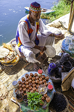 View of coffee making at Star Coffe Nubian on the Nile river near Aswan, Aswan, Nubia, Egypt, North Africa, Africa