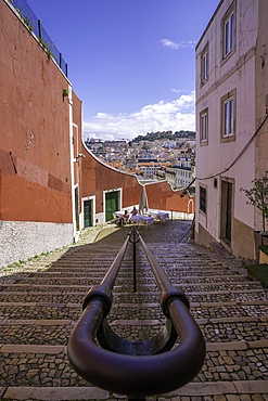 View of cafe and steps in Lisbon city centre, Lisbon, Portugal, Europe