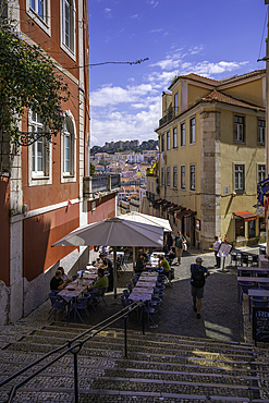 View of cafe and steps in Lisbon city centre, Lisbon, Portugal, Europe