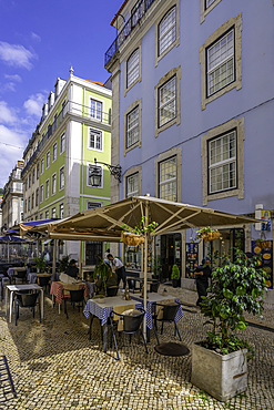View of street cafe and restaurant on a sunny day, Lisbon, Portugal, Europe