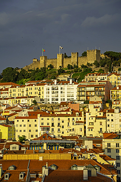 View of Lisbon Castle from Santa Justa Lift during golden hour, Lisbon, Portugal, Europe