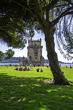 View of Belém Tower (Torre de Belém) on a sunny day, Lisbon, Portugal, Europe