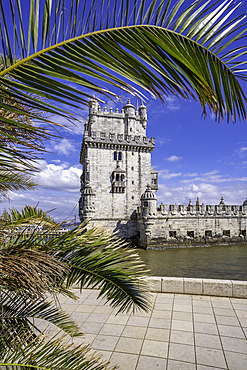 View of Belém Tower (Torre de Belém) on a sunny day, Lisbon, Portugal, Europe