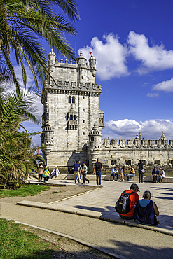 View of Belém Tower (Torre de Belém) on a sunny day, Lisbon, Portugal, Europe