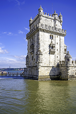 View of Belém Tower (Torre de Belém) on a sunny day, Lisbon, Portugal, Europe