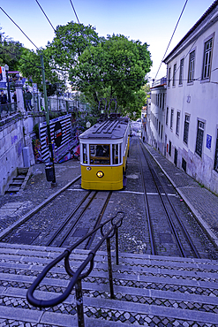 View of vintage Glória Funicular, hilltop tram ride, Lisbon, Portugal, Europe