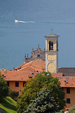Church belltower, Sulzano, Lake Iseo, Lombardy, Italian Lakes, Italy, Europe