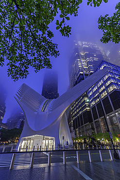 View of exterior of the Oculus transportation hub at the World Trade Center at dusk in Lower Manhattan, New York City, United States of America, North America