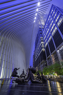 View of exterior of the Oculus transportation hub at the World Trade Center at dusk in Lower Manhattan, New York City, United States of America, North America