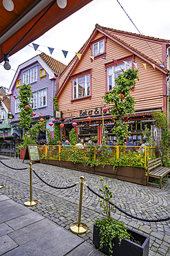 View of colourful shops and cafes in Fargegaten during daytime, Stavanger, Norway, Scandinavia, Europe