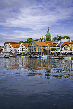 View of reflections in harbour and Stavanger skyline during daytime, Stavanger, Norway, Scandinavia, Europe