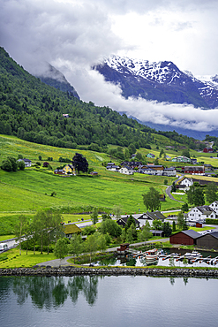 Aerial view of Olden village and mountains in Nordfjorden during summer, Norway, Scandinavia, Europe