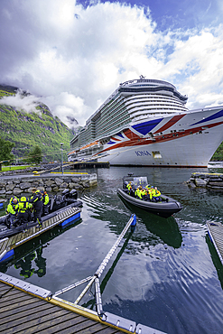 View of cruise ship in Hellesylt, Sunnylvsfjorden, Stranda Municipality, Norway, Scandinavia, Europe