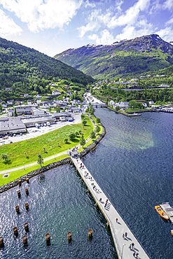 Aerial view of Hellesylt on a sunny day, Stranda Municipality, Norway, Scandinavia, Europe