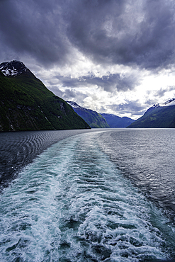 View of Sunnylvsfjorden from cruise ship on a cloudy day, Stranda Municipality, Norway, Scandinavia, Europe