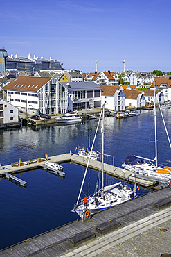 View of Haugesund skyline from Risøy Bridge on a sunny day, Haugesund, Rogaland County, Norway, Scandinavia, Europe